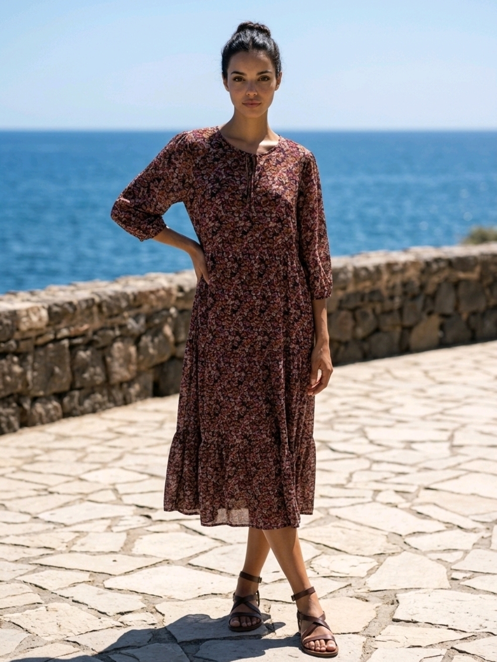 Natural Life Maxi Dress L/XL 3/4 Sleeve Brown/Purple Floral Print Boho EUC